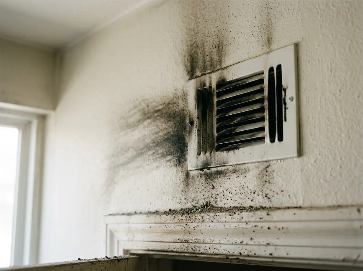Soot staining spreading from an HVAC vent onto a white wall after a house fire