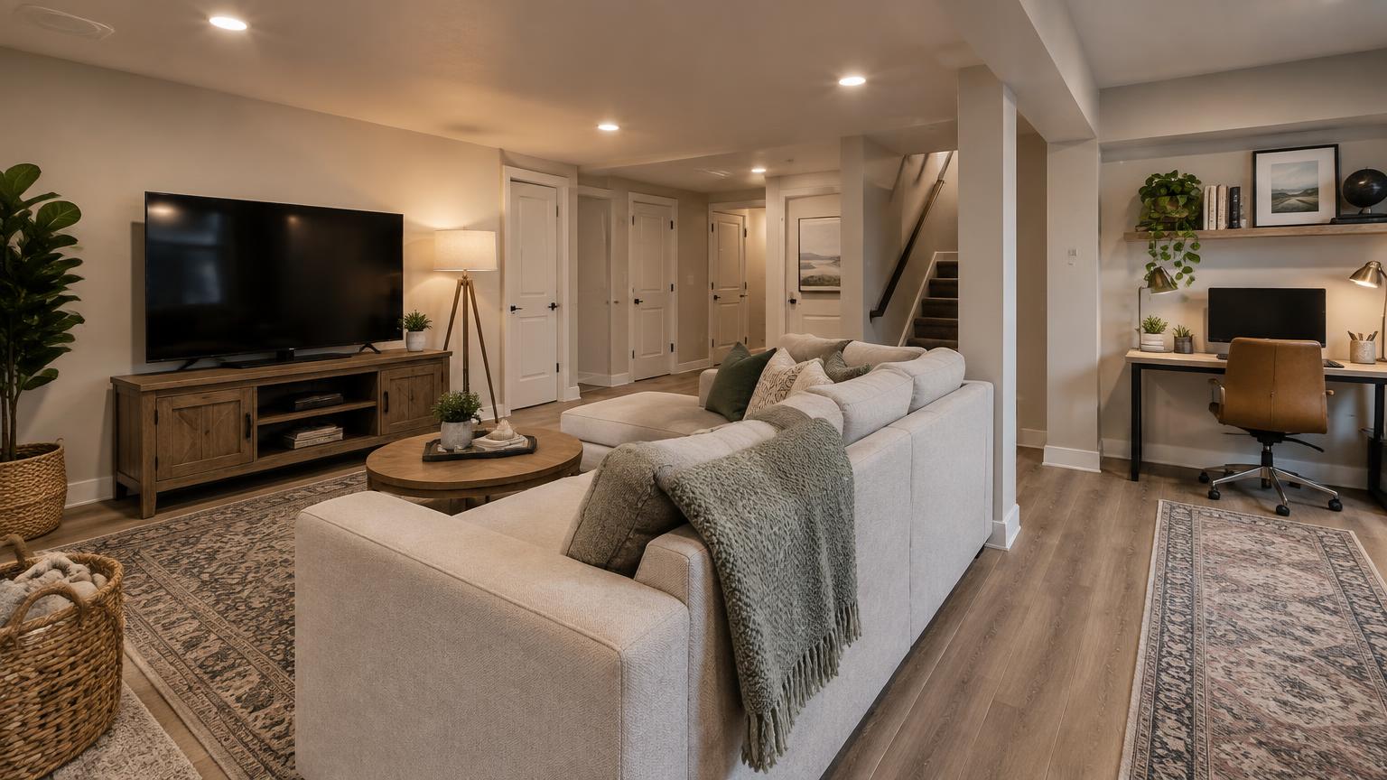 Finished basement with a comfortable TV area and home office nook
