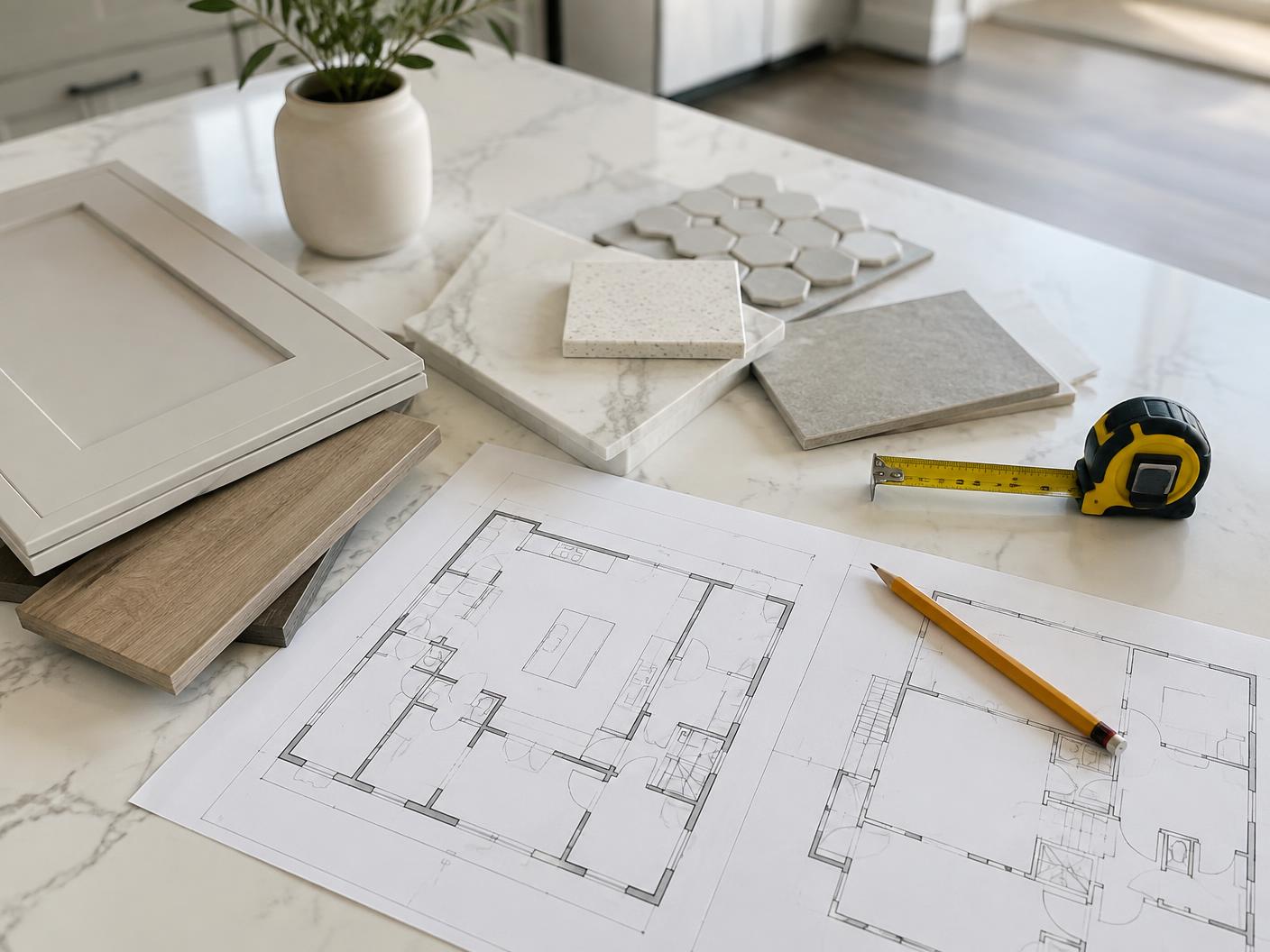 Remodel planning table with floor plans, cabinet sample, tile samples, and measuring tape