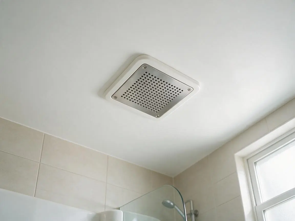 Ceiling exhaust fan installed above a tiled bathroom shower