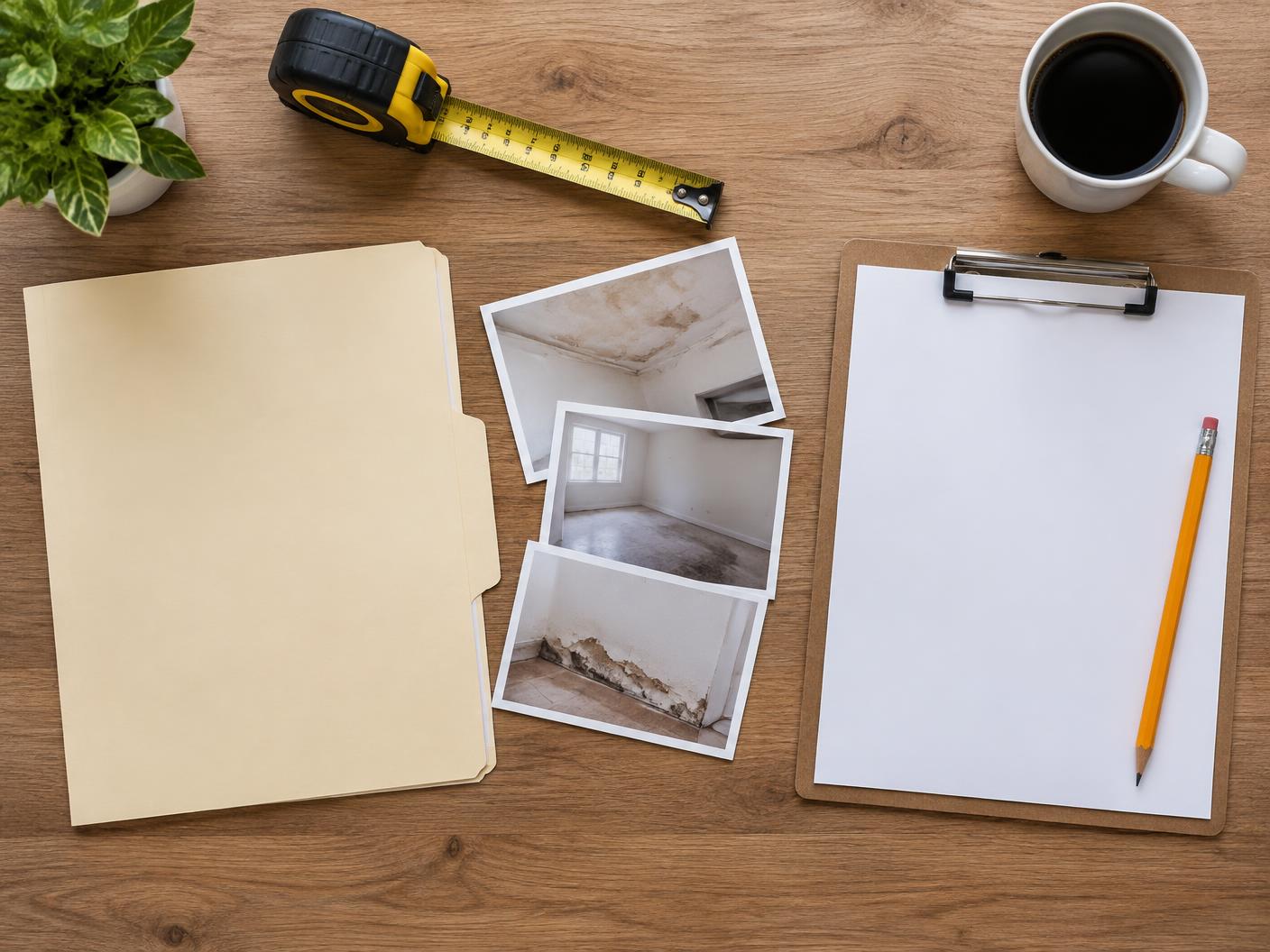 Homeowner insurance claim folder, damage photos, clipboard, and tape measure on a desk
