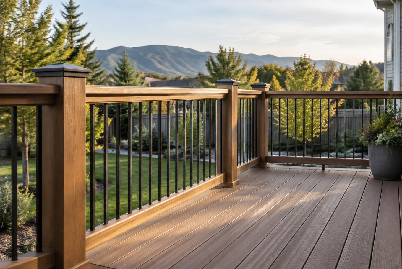 Close view of composite deck boards and a carefully built railing