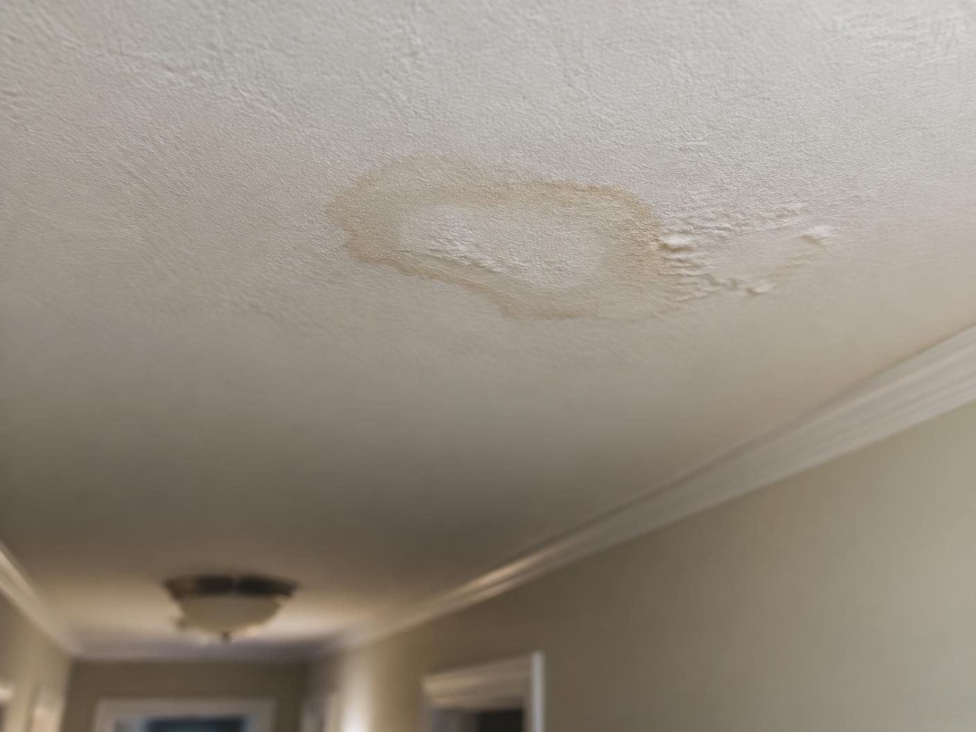 Small ceiling water stain with bubbling paint in a residential hallway
