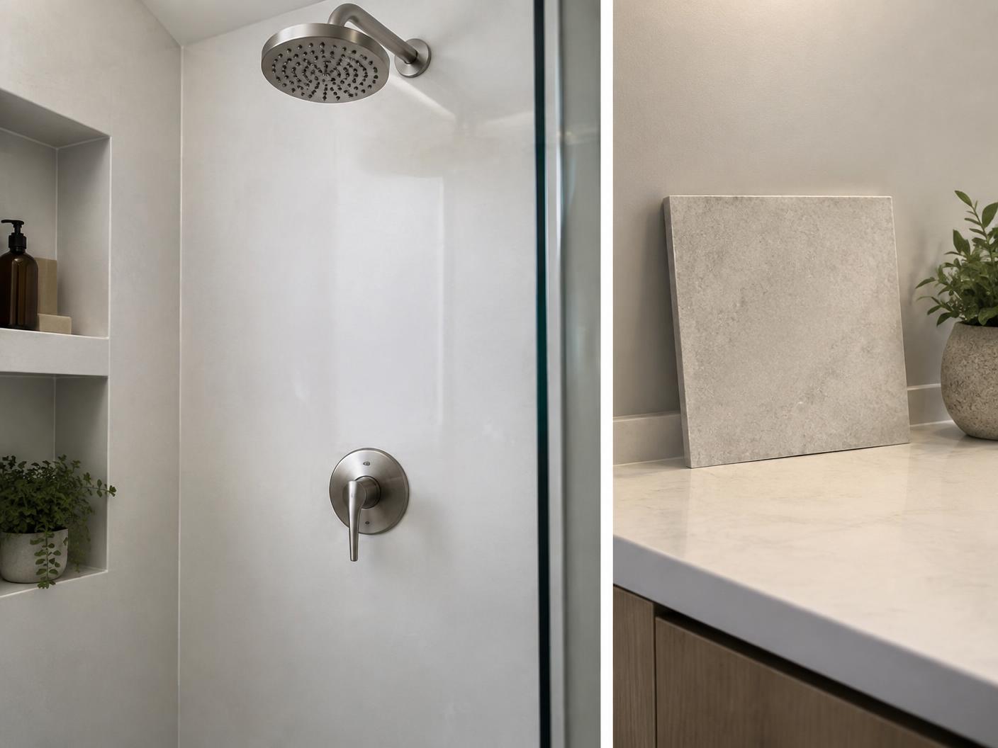Smooth solid-surface shower wall beside a tile sample resting on a bathroom countertop