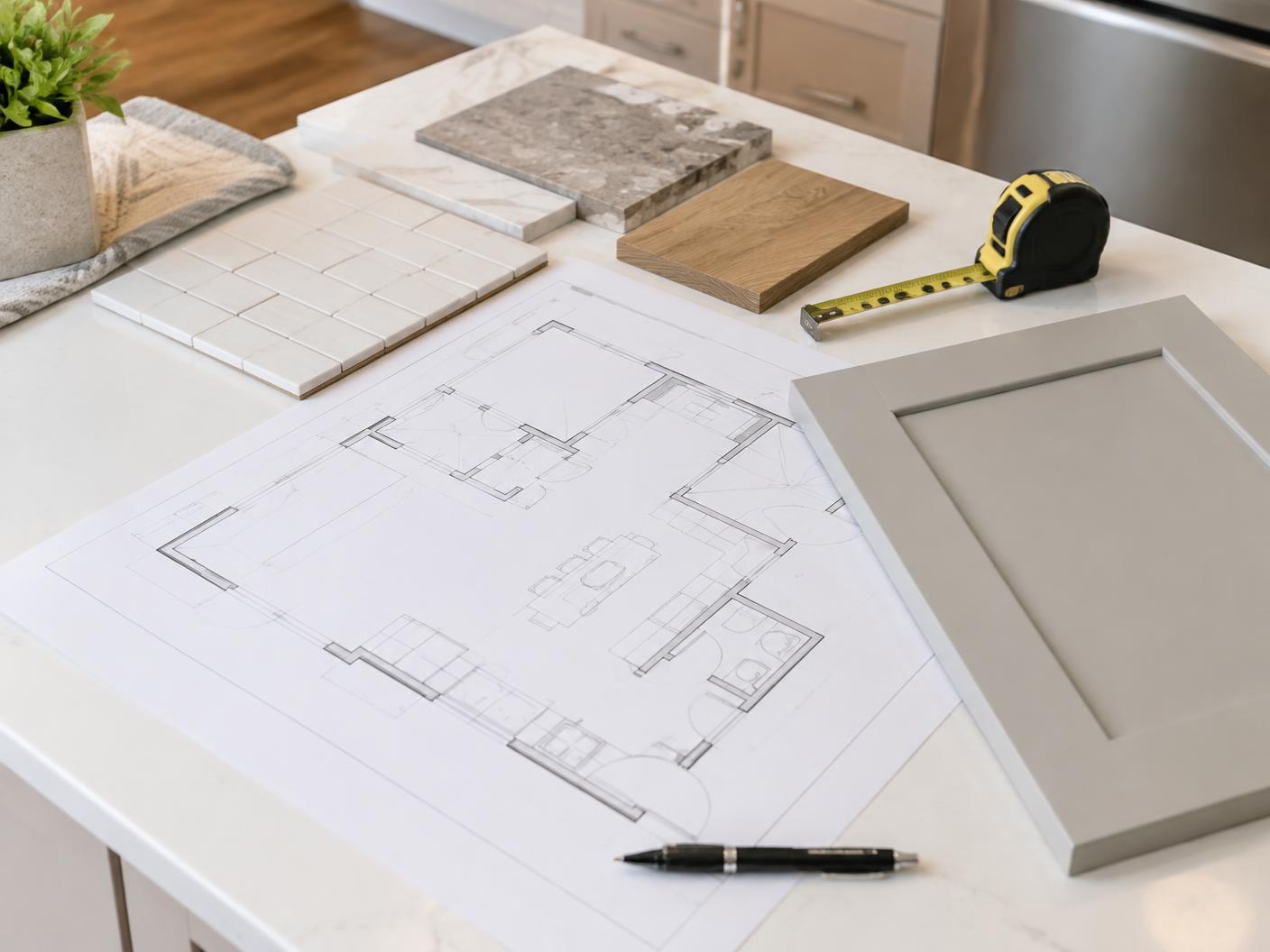 Remodel planning setup with floor plan drawings, tile samples, cabinet sample, and tape measure