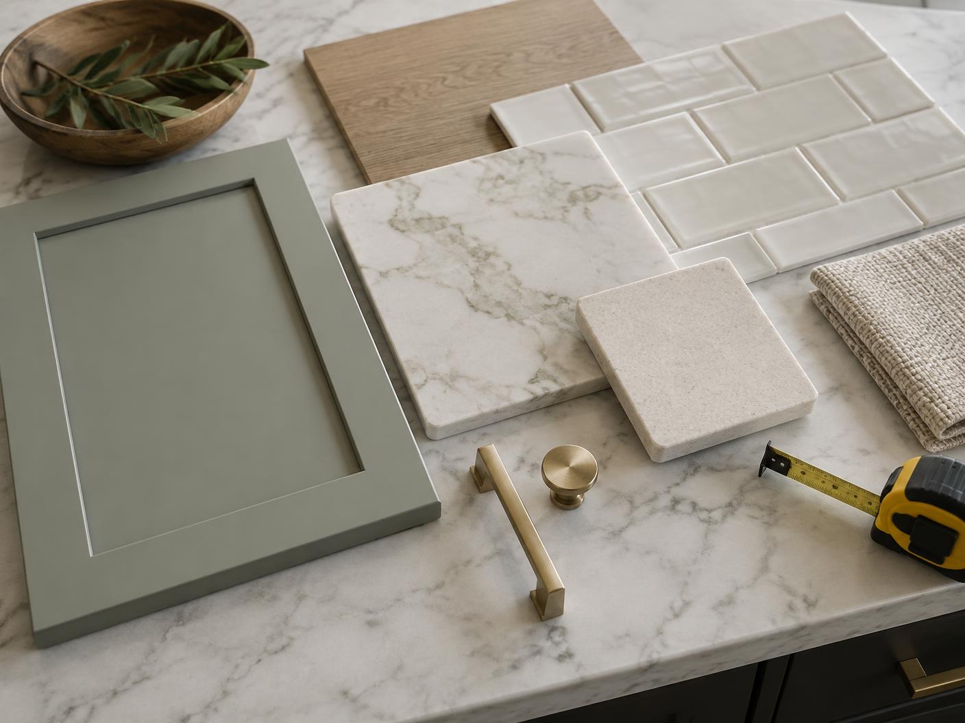 Kitchen remodel material samples with countertop pieces, backsplash tile, cabinet door, and hardware