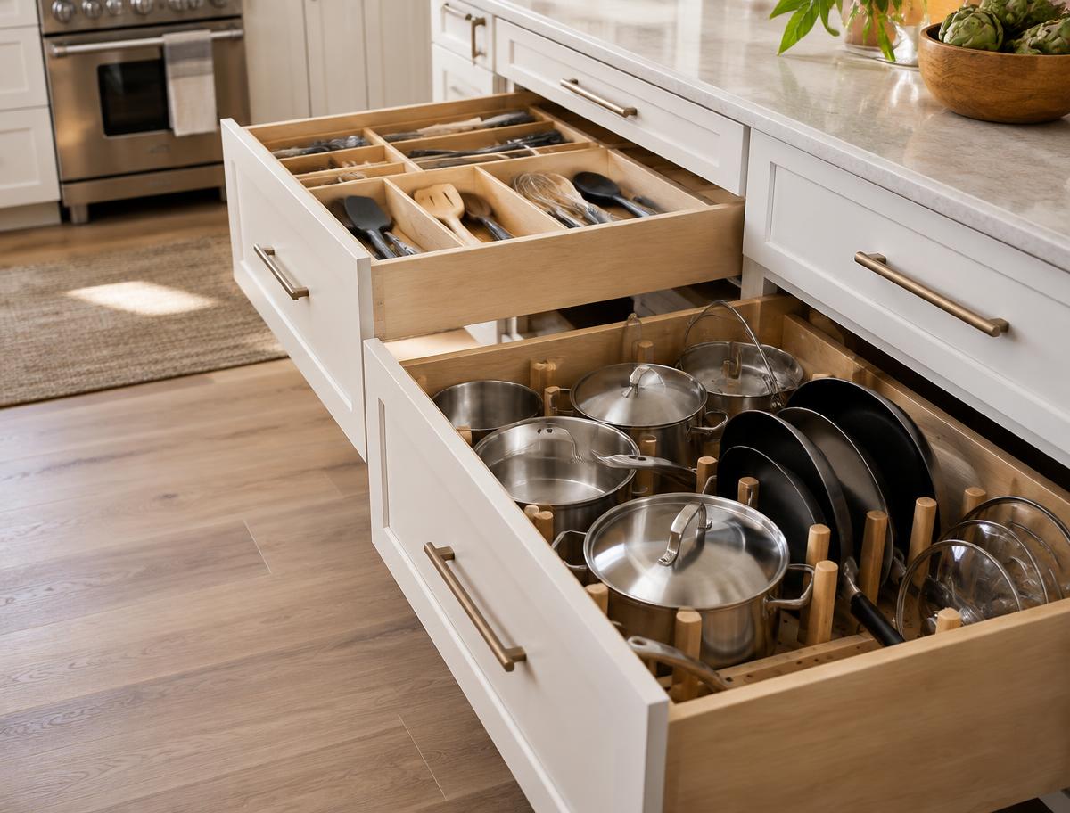 Organized deep kitchen drawers for cookware and utensils