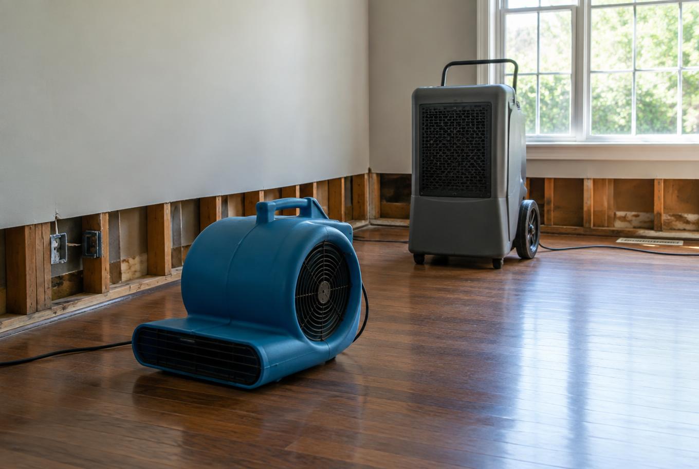 Air mover and dehumidifier drying a residential room after water damage