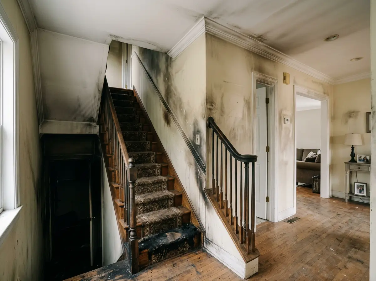 Smoke damage on stairwell walls and ceiling in a home after a fire