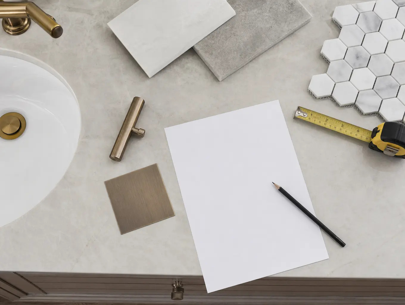 Bathroom remodel planning materials with tile, fixtures, and measuring tape