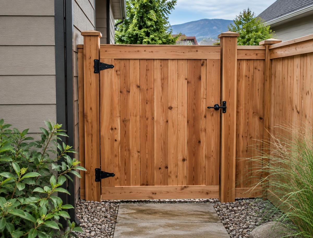 New cedar privacy fence gate with durable black hardware