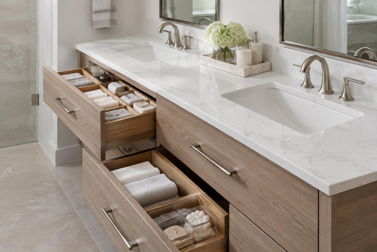Bathroom vanity with organized drawers, clean countertop, and modern fixtures