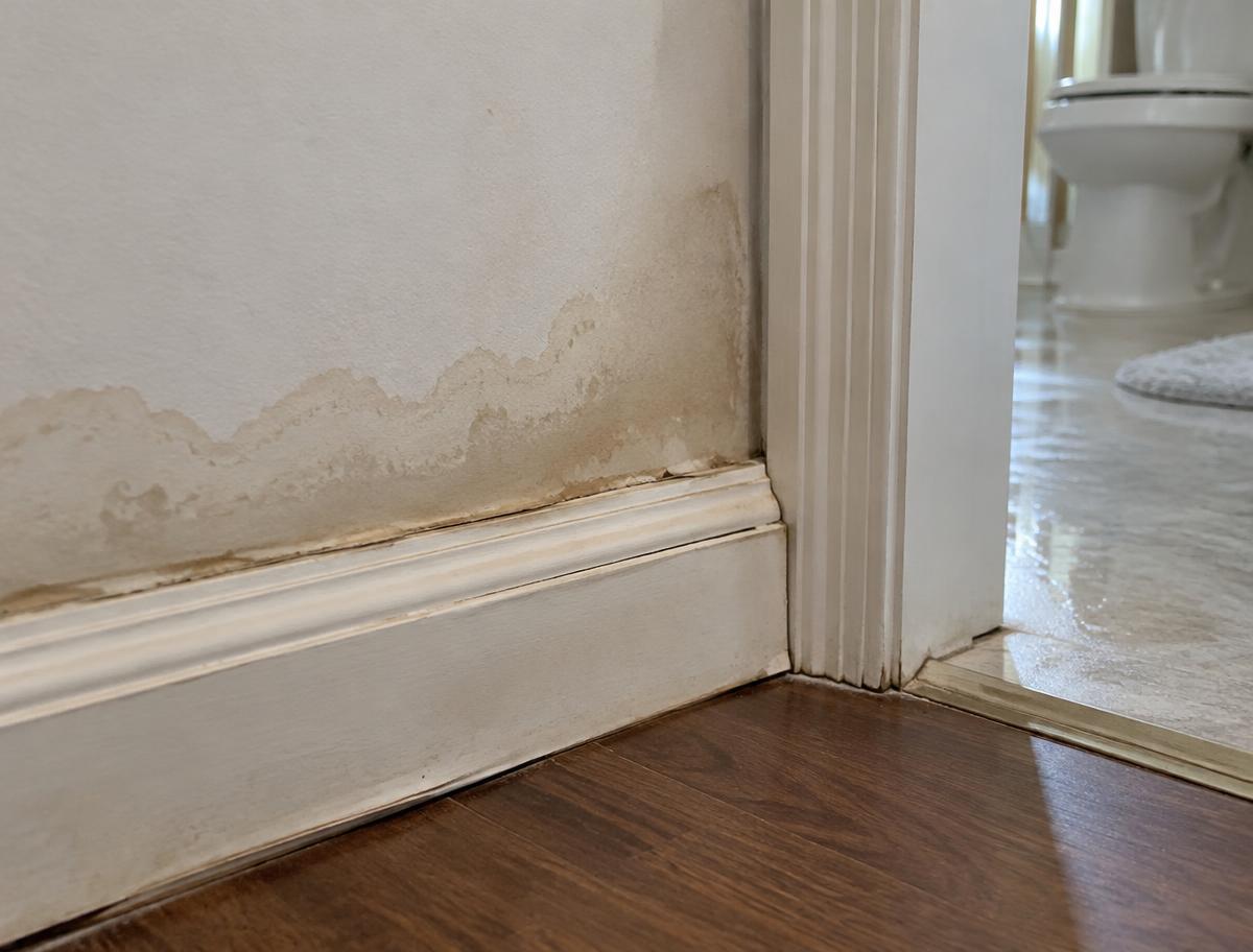 Moisture staining and a swollen baseboard near a bathroom doorway