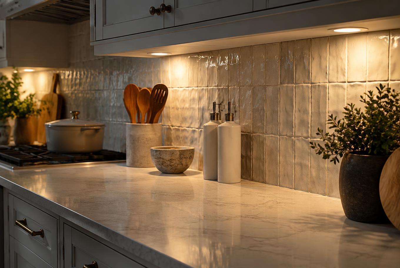 Warm under-cabinet lighting illuminating a kitchen countertop and tile backsplash